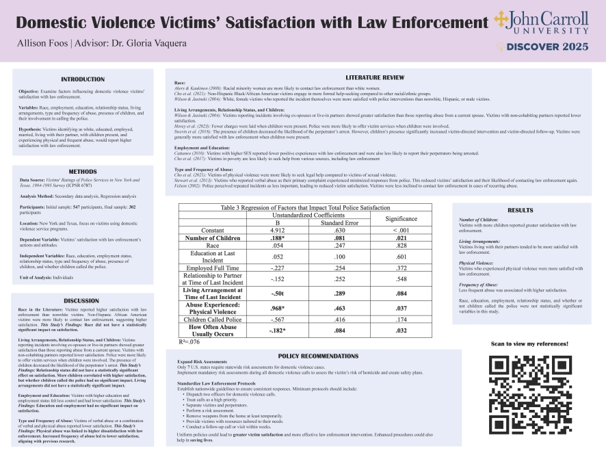 Allison Foos Discover 2025 Poster: Domestic Violence Victims’ Satisfaction with Law Enforcement